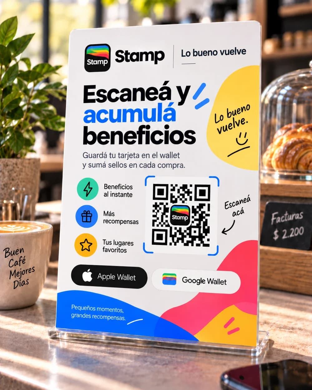 Cartel de Stamp en el mostrador de una cafetería, con un código QR para sumar sellos y beneficios